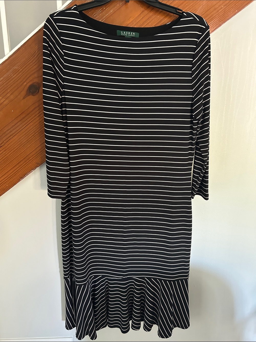 Lauren Ralph Lauren Black and White Striped Long-Sleeve Ruffle-Hem Dress